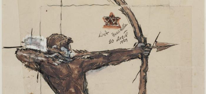 Antoine Bourdelle, " L' archer grec" . 1929.  Plume et encre noire, aquarelle rehaussée de gouache blanche sur papier. Paris, musée Bourdelle.