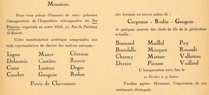 Invitation Exposition du Nu Féminin d’Ingres à nos jours, galerie Styles, 1922