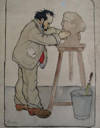 Antoine François COSYNS (1875-1936) Bourdelle modelant la tête de la France Encre et aquarelle 