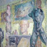 Michel DUFET (1888-1985) Vue du salon des Dufet-Bourdelle au musée Bourdelle, avec la Tête chypriote et l’Homme qui marche de Rodin  Huile sur toile  73 x 60 cm Inv. ICO679